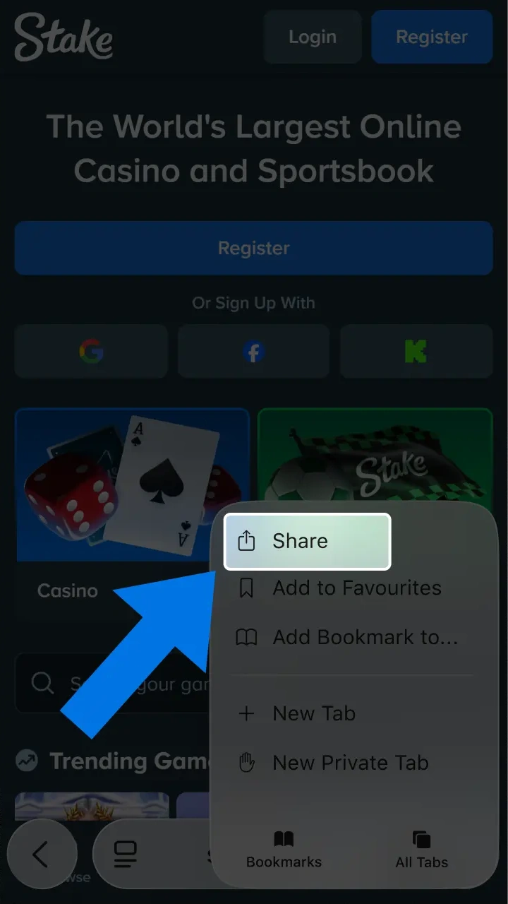 Tap the share icon in your browser to open the Stake iOS setup options.